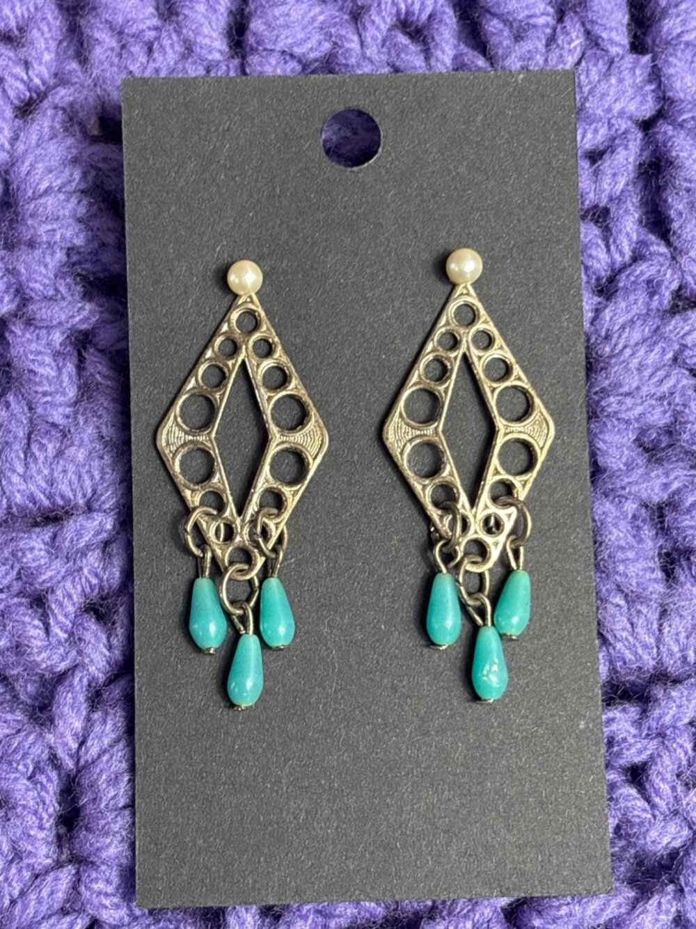 Vtg Boho Dangle Earrings Silvertone Geometric Blue Plastic Bead Fringe 2 inches